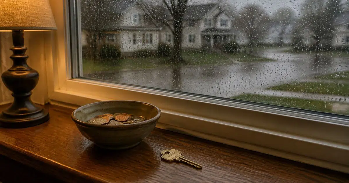 Rain on a window and spare change set aside for emergencies